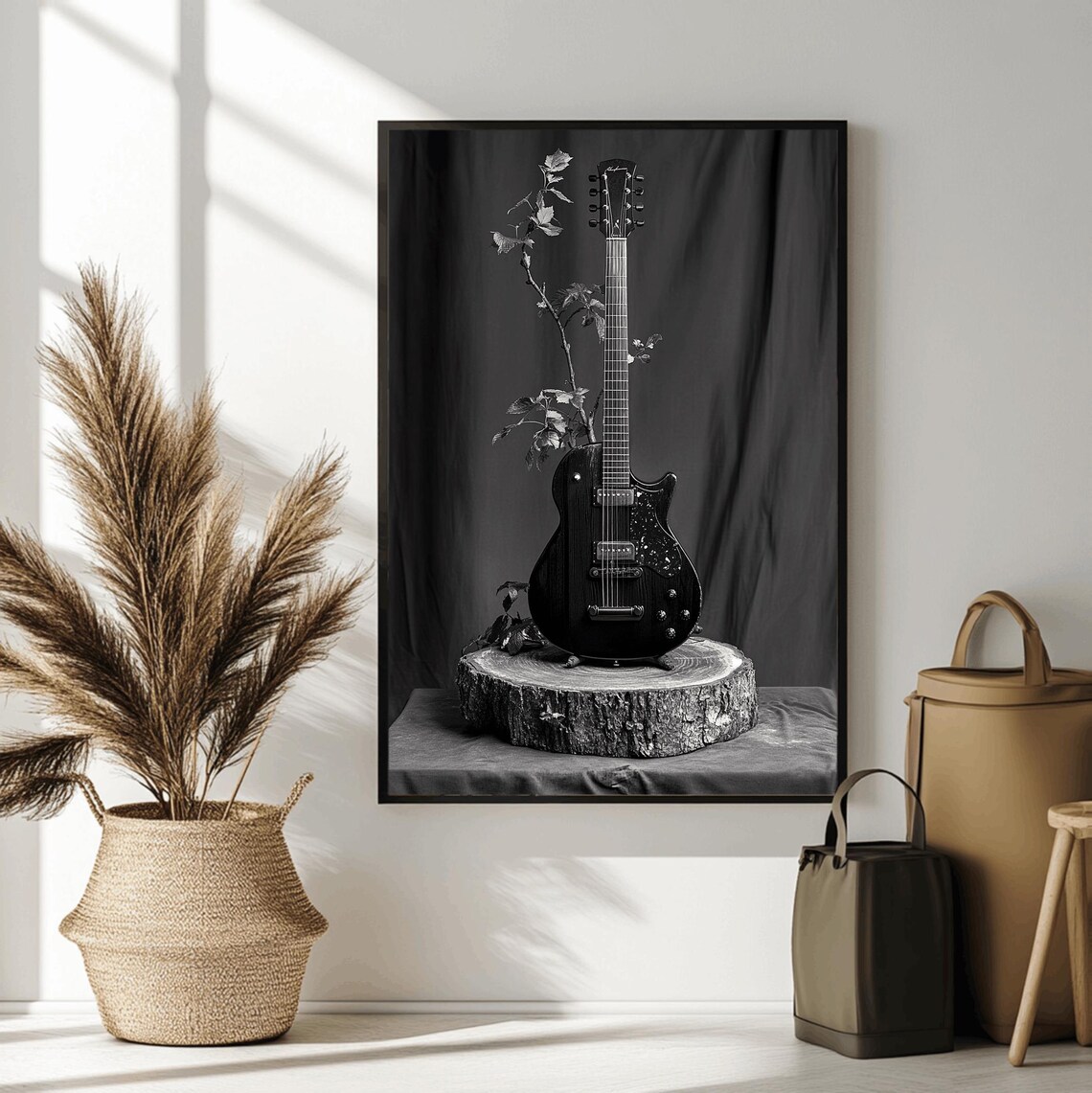 Electric Guitar on Tree Stump Stand Botanical Black White Music Poster - Image 2