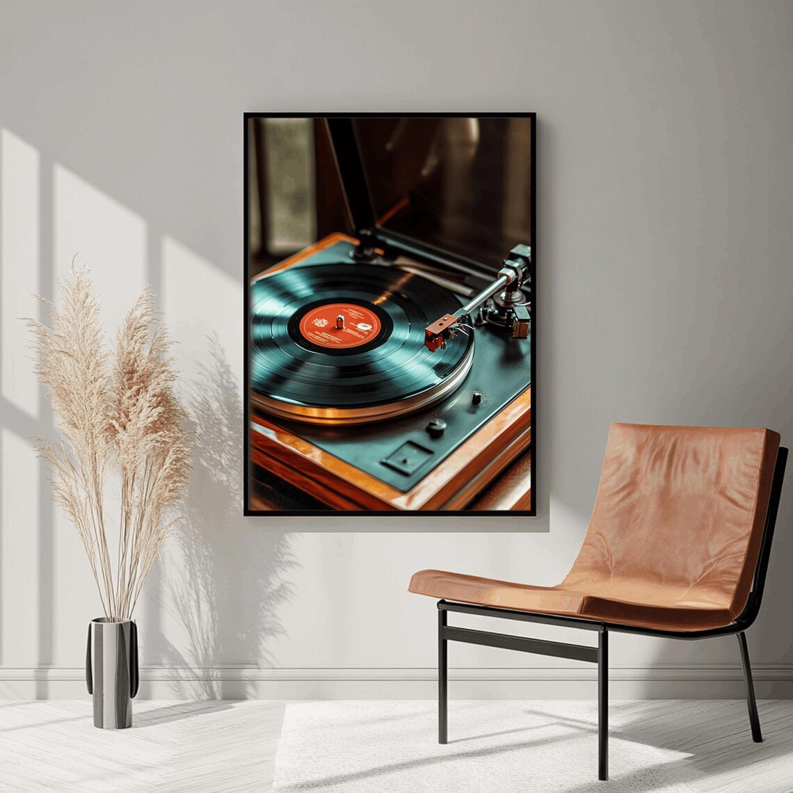 Orange Label Vinyl Record on Teal Turntable Retro Music Poster - Image 2