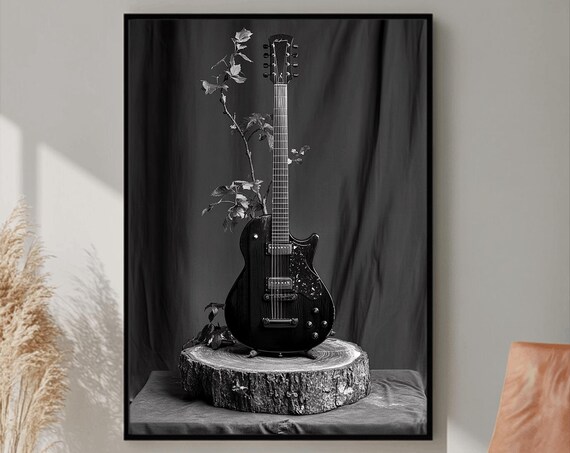 Electric Guitar on Tree Stump Stand Botanical Black White Music Poster