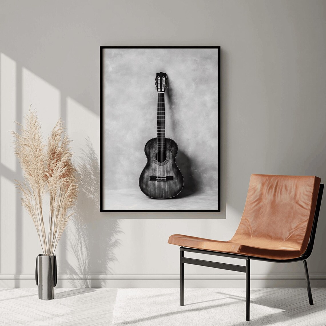 Acoustic Guitar Against White Textured Wall Minimal Music Poster - Image 2