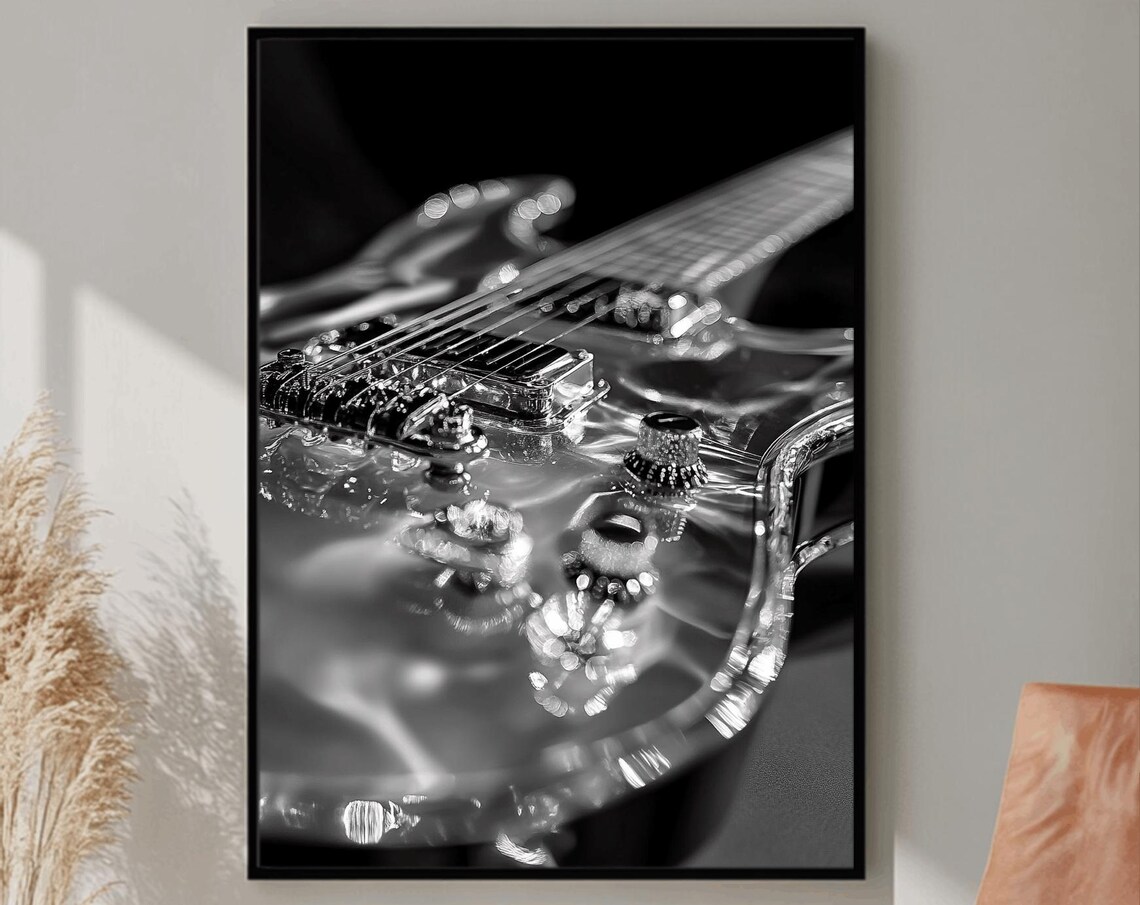 Electric Guitar Hardware Strings Macro Black White Music Poster
