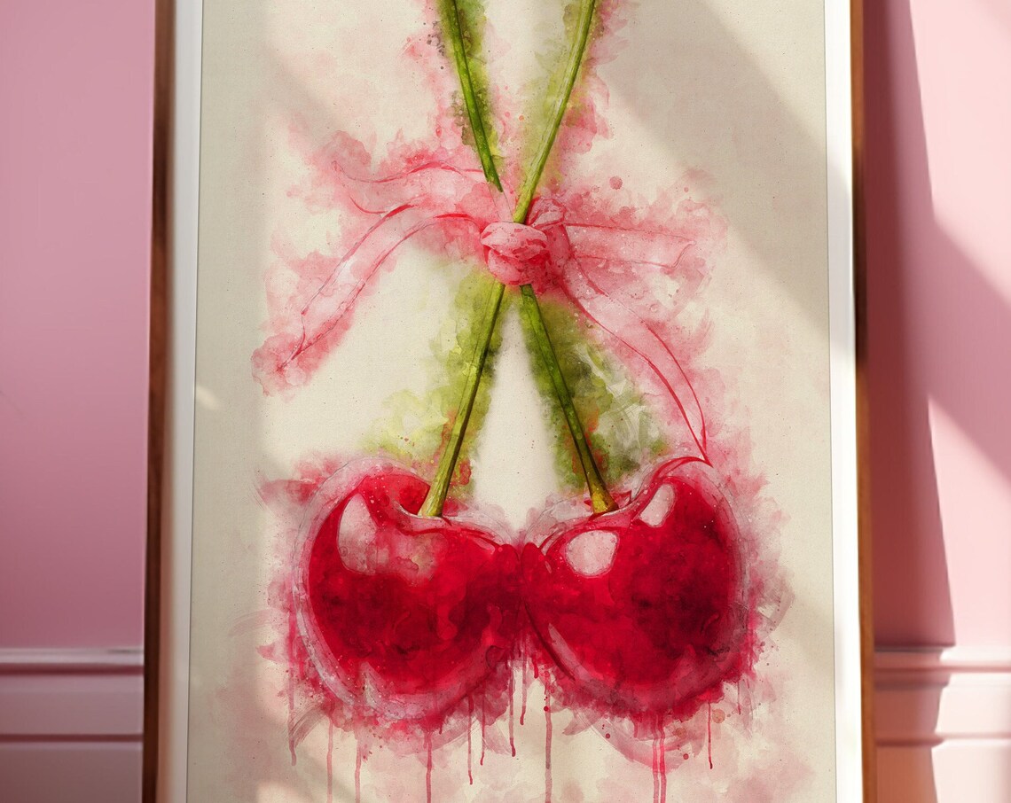 Red Cherries Watercolor Tied With Pink Ribbon Girly Art Print - Image 3
