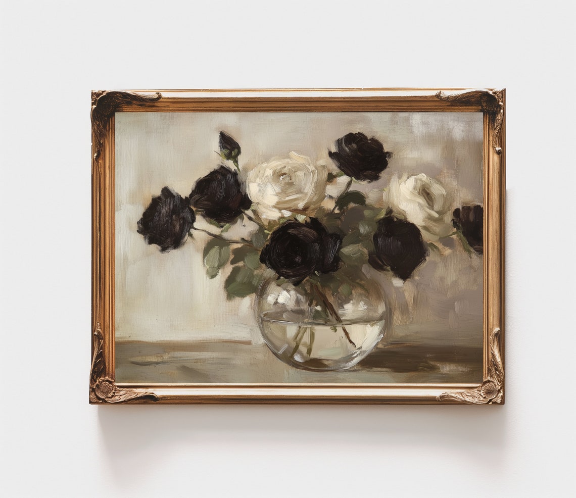 Black White Roses Glass Vase Dramatic Floral Still Life Art Poster - Image 3