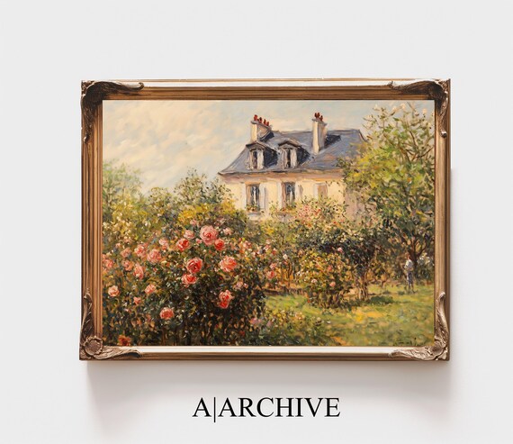 Rose Covered Garden and Village House Vintage Oil Painting Poster