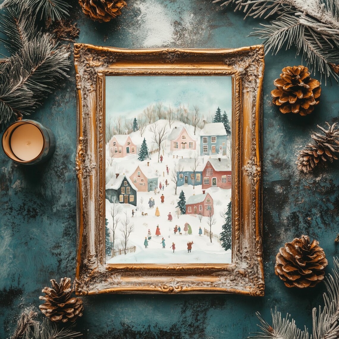 Pink Christmas Village Pastel Winter Snow Children Playing Poster - Image 2
