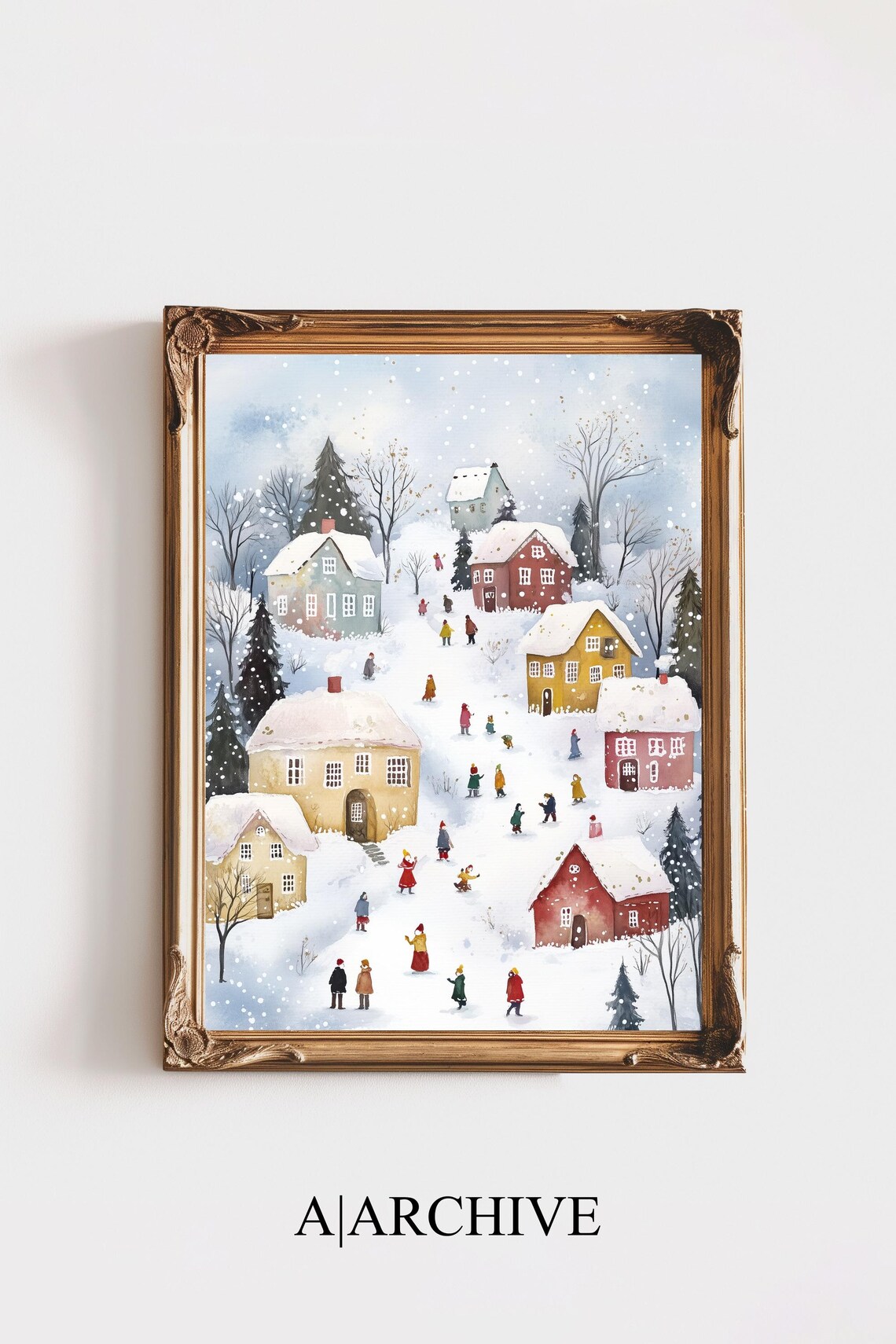Christmas Village Wall Art Pink Christmas Print Watercolor Holiday Art Winter Village Print Pastel Pink Christmas Wall Decor
