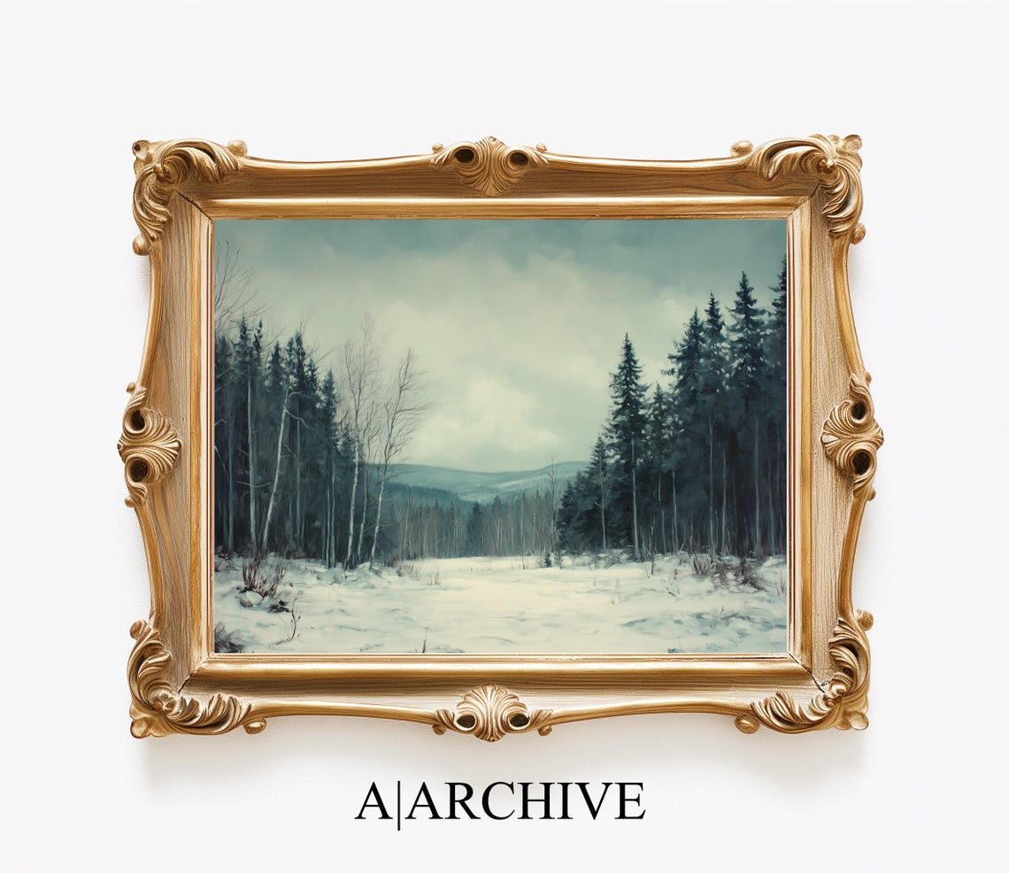 Snowy Valley Pine and Birch Forest Distant Mountains Winter Poster - Image 2