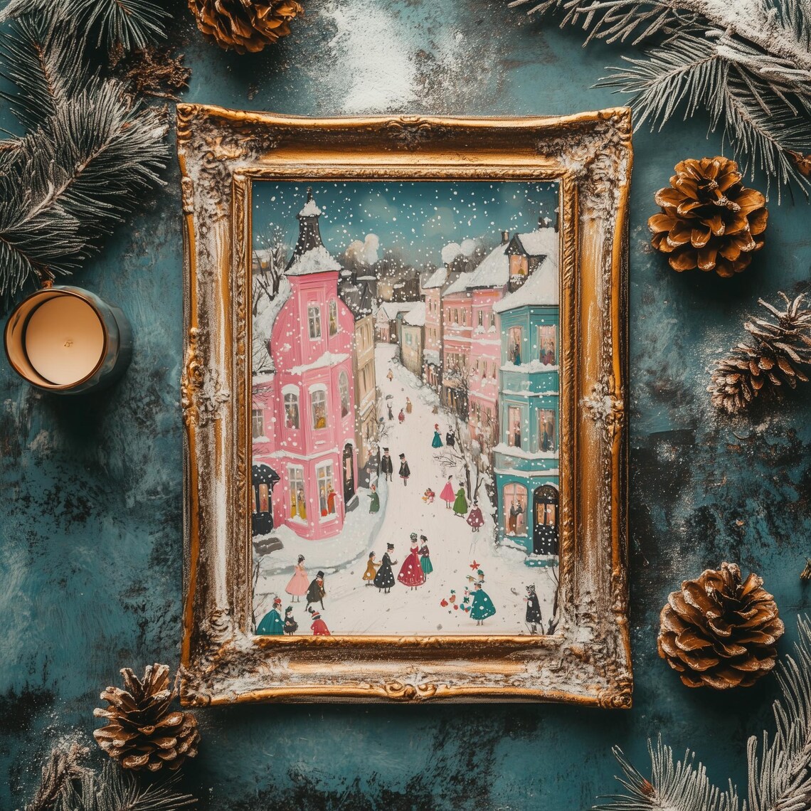 Naive Style Snowy European Old Town Street Colorful Winter Poster - Image 2