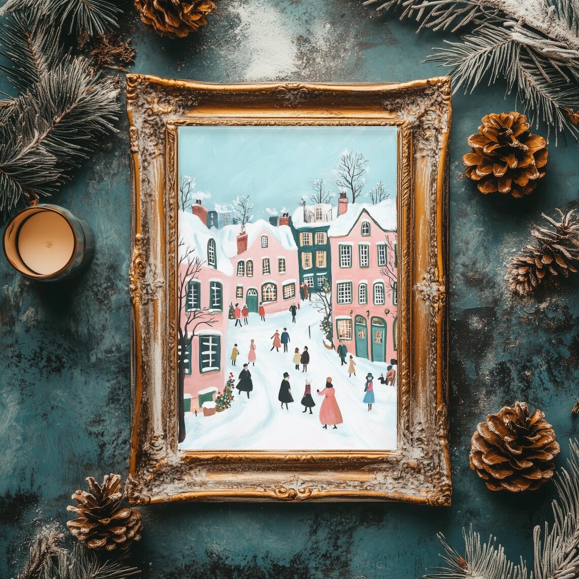 Snowy Winter Village Street Colorful Retro Farmhouse Holiday Poster - Image 2