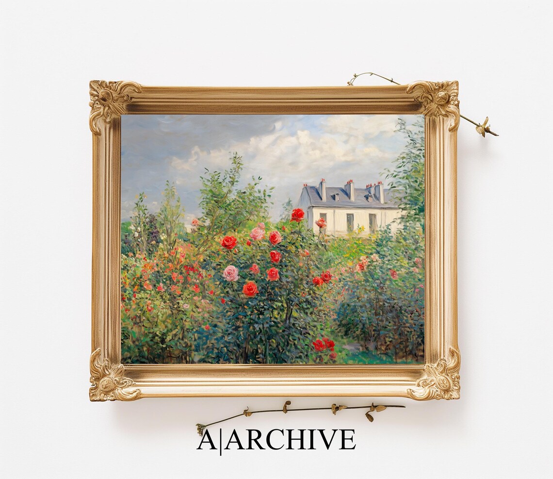 Red Roses and Village House in Summer Vintage Oil Painting Poster - Image 2
