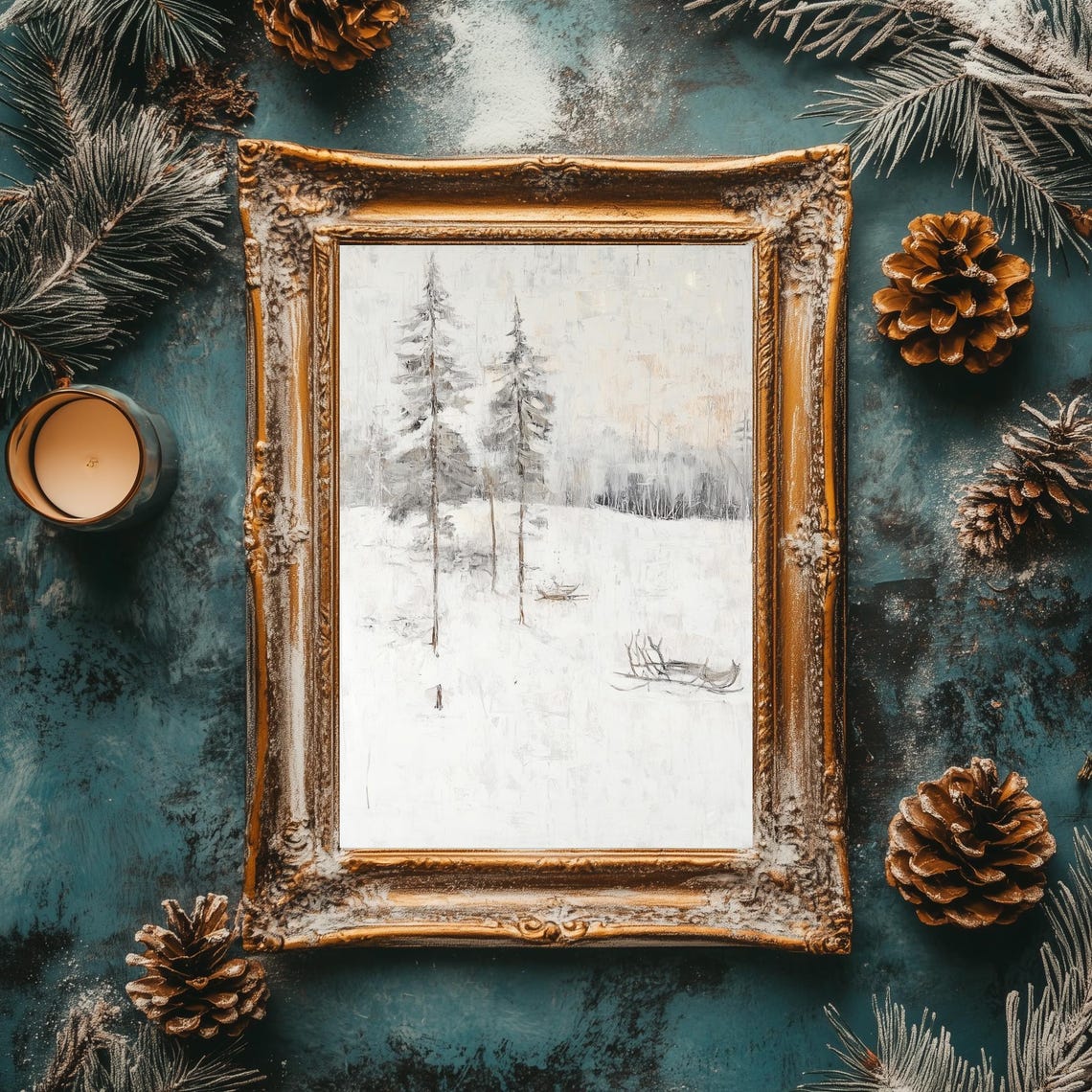 Twin Pines in a Snowy Meadow Vintage Winter Landscape Poster - Image 3