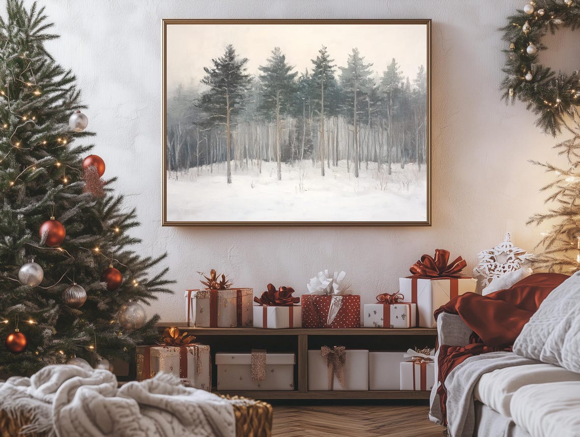 Foggy Winter Pine Forest Thin Spaced Trees Minimal Snow Scene Poster - Image 2