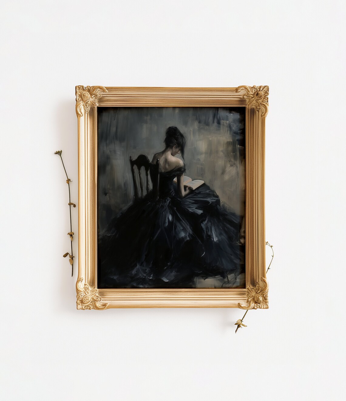 Moody Woman Reading Dark Oil Painting Black Dress Vintage Print - Image 3