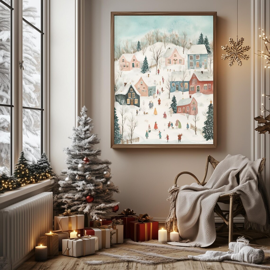 Pink Christmas Village Pastel Winter Snow Children Playing Poster - Image 3