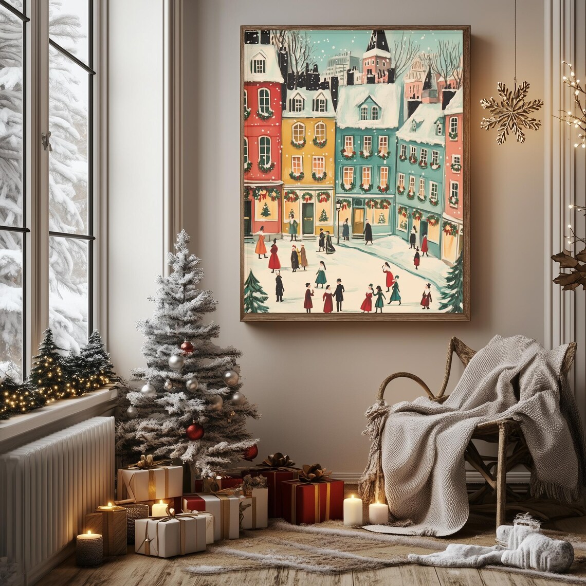 Colorful Christmas Town Square Wreaths Happy People Winter Poster - Image 3