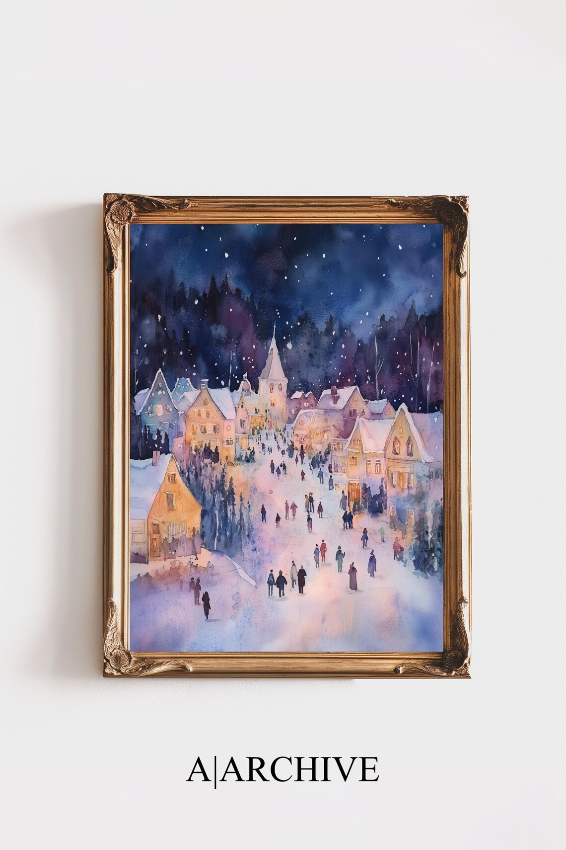 Snowy Christmas Town Night Glowing Windows Church Winter Scene Poster