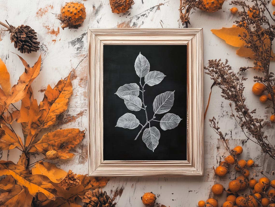 Silver Leaf Branch Sketch Black Background Botanical Line Art Poster - Image 3