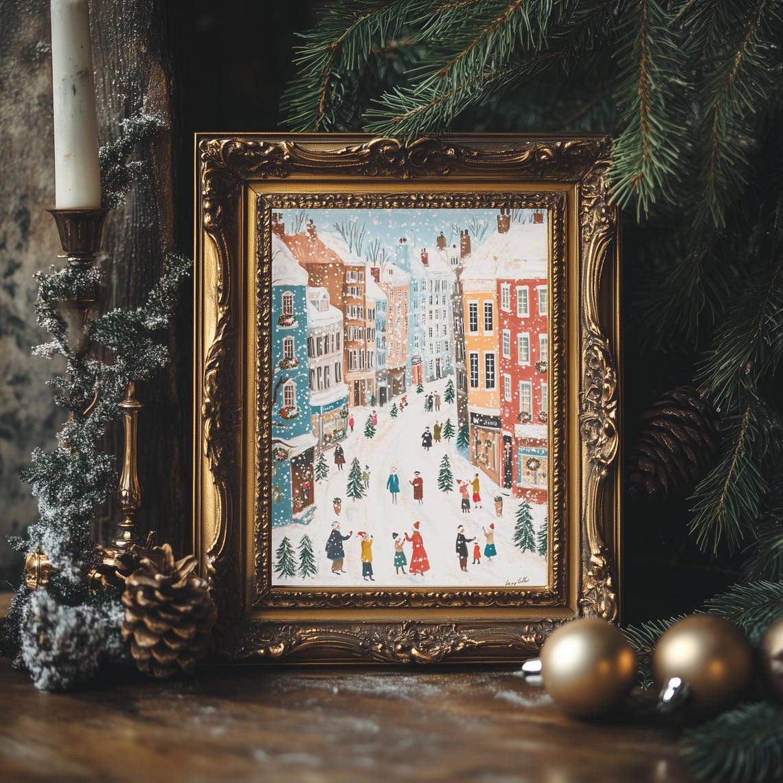 Snowy Christmas Street Shops People Pine Trees Festive Winter Poster - Image 4
