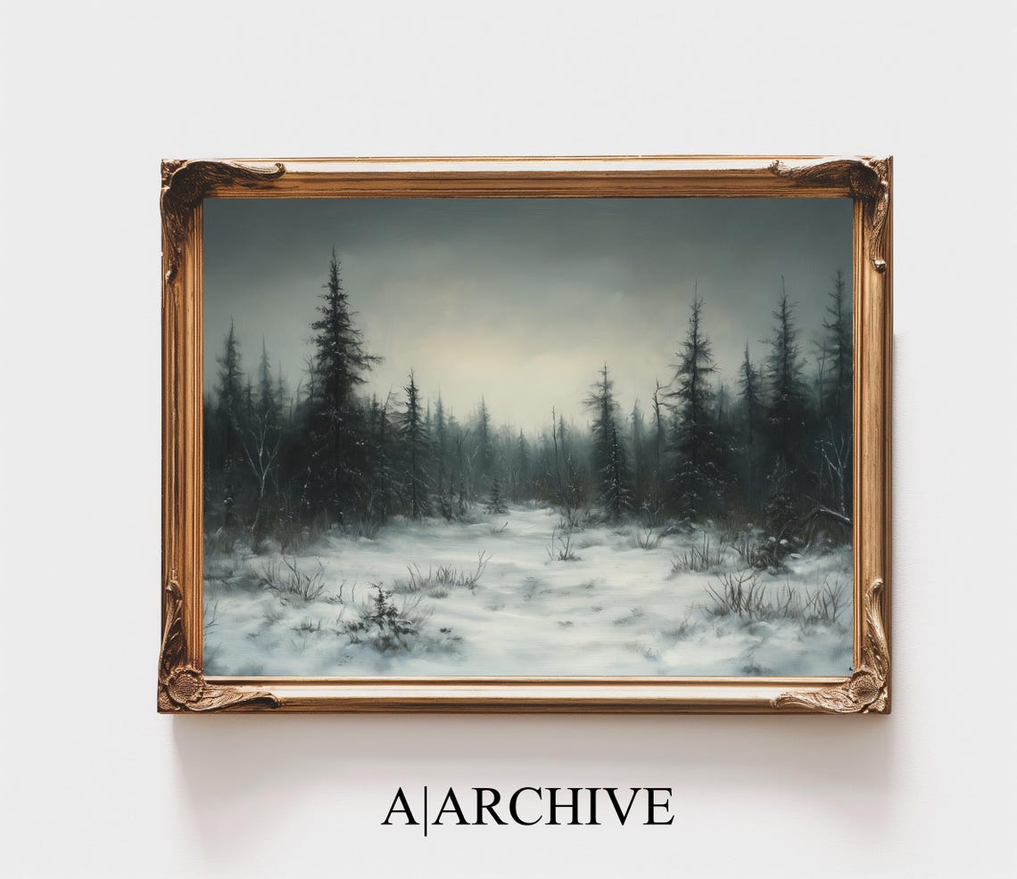 Dark Moody Pine Forest Snowy Clearing Dramatic Winter Scene Poster