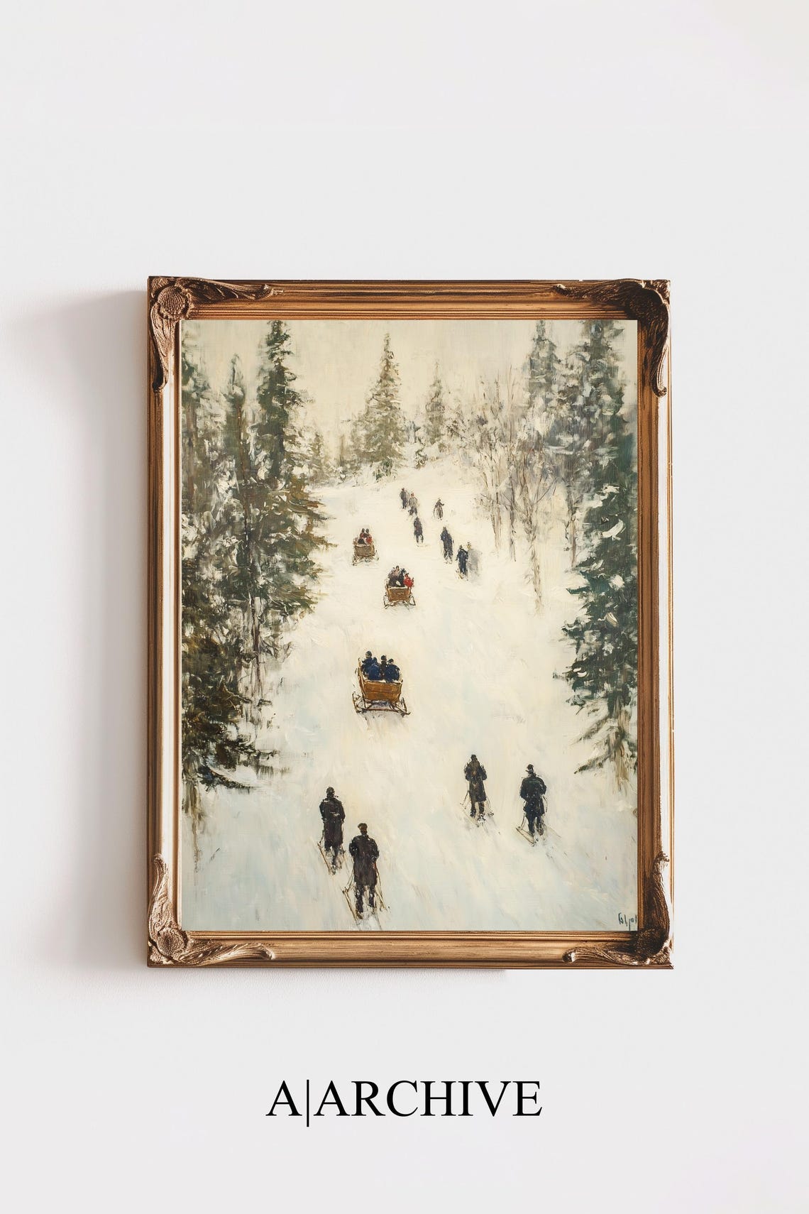 Vintage Winter Sleigh Ride Snowy Forest Path Impressionist Oil Poster