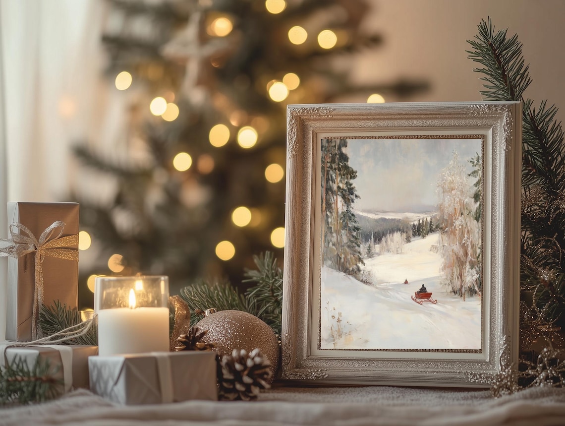 Red Sleigh Rider Snowy Winter Valley Pines Vintage Christmas Poster - Image 3