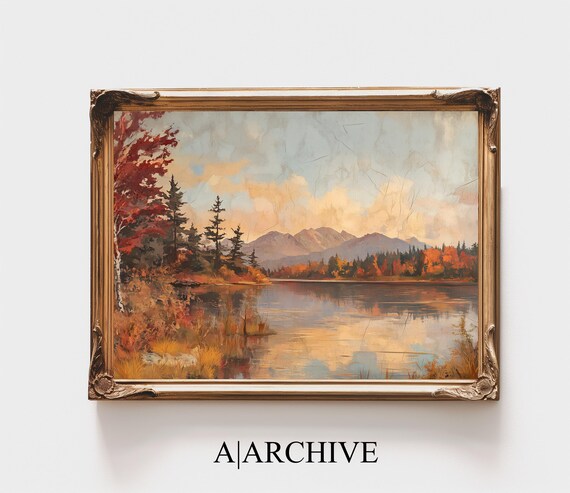Autumn Lake Red Trees Mountain Vintage Oil Painting Landscape Poster
