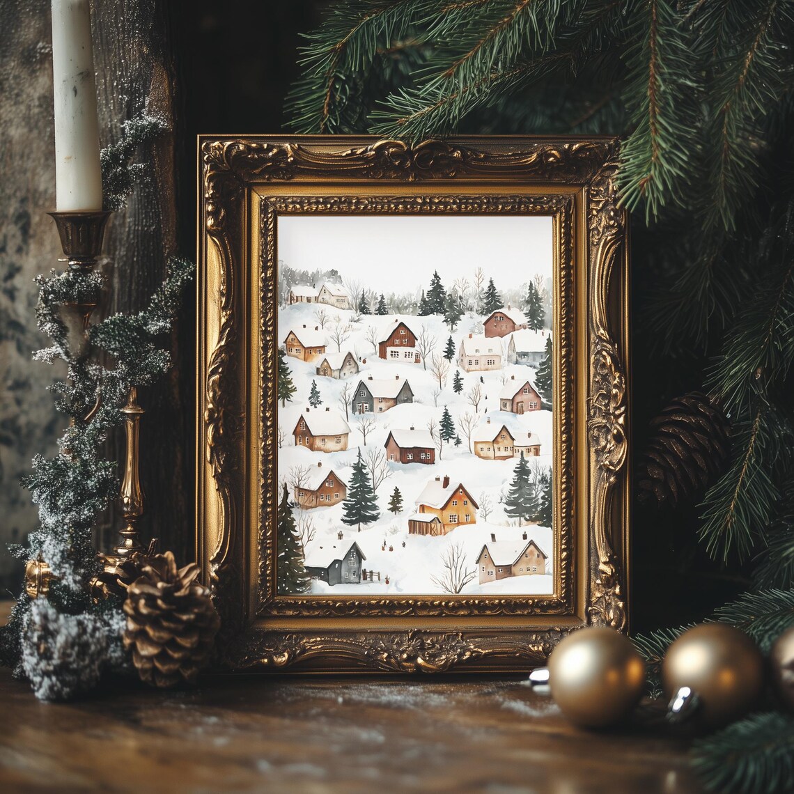 Snowfall Village Hillside Watercolor Cozy Winter Scene Poster - Image 2