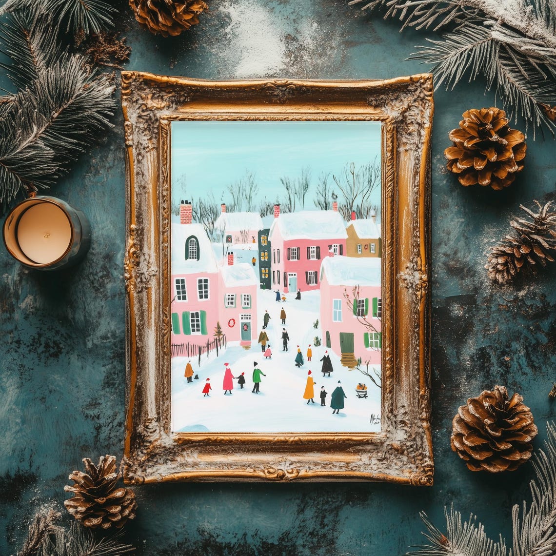 Retro Christmas Town Winter Street Scene Colorful Holiday Poster - Image 2
