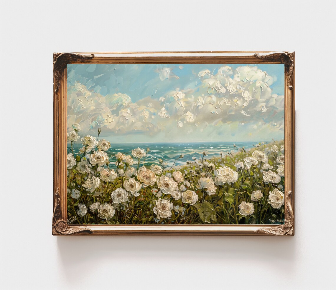 White Roses Coastal Bluff Turquoise Sea Summer Floral Landscape Poster