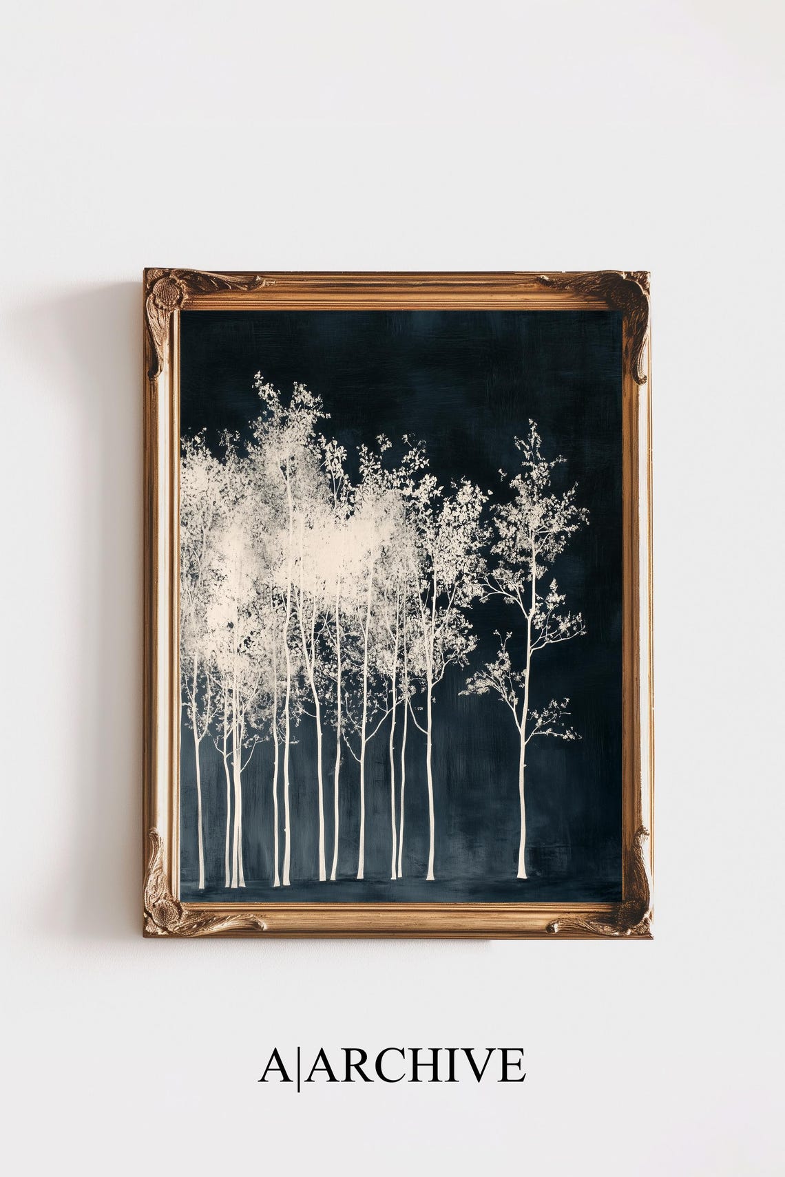 White Aspen Grove Silhouettes Dark Navy Background Elegant Art Poster