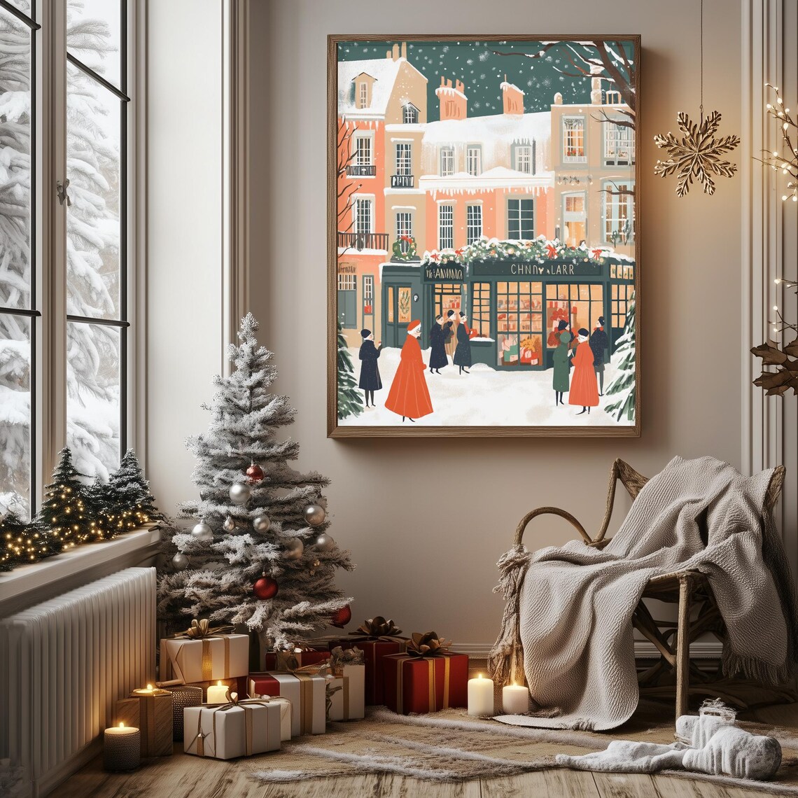 Festive Christmas Storefront Night Shoppers Teal Snow Holiday Poster - Image 3