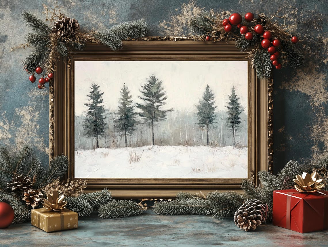 Five Pine Trees Snowy Meadow Pale Gray Sky Calm Winter Art Poster - Image 3