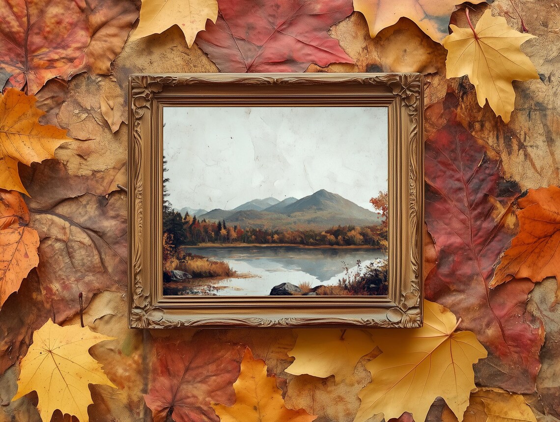 Golden Autumn Trees Blue Mountain Lake Vintage Landscape Poster - Image 2