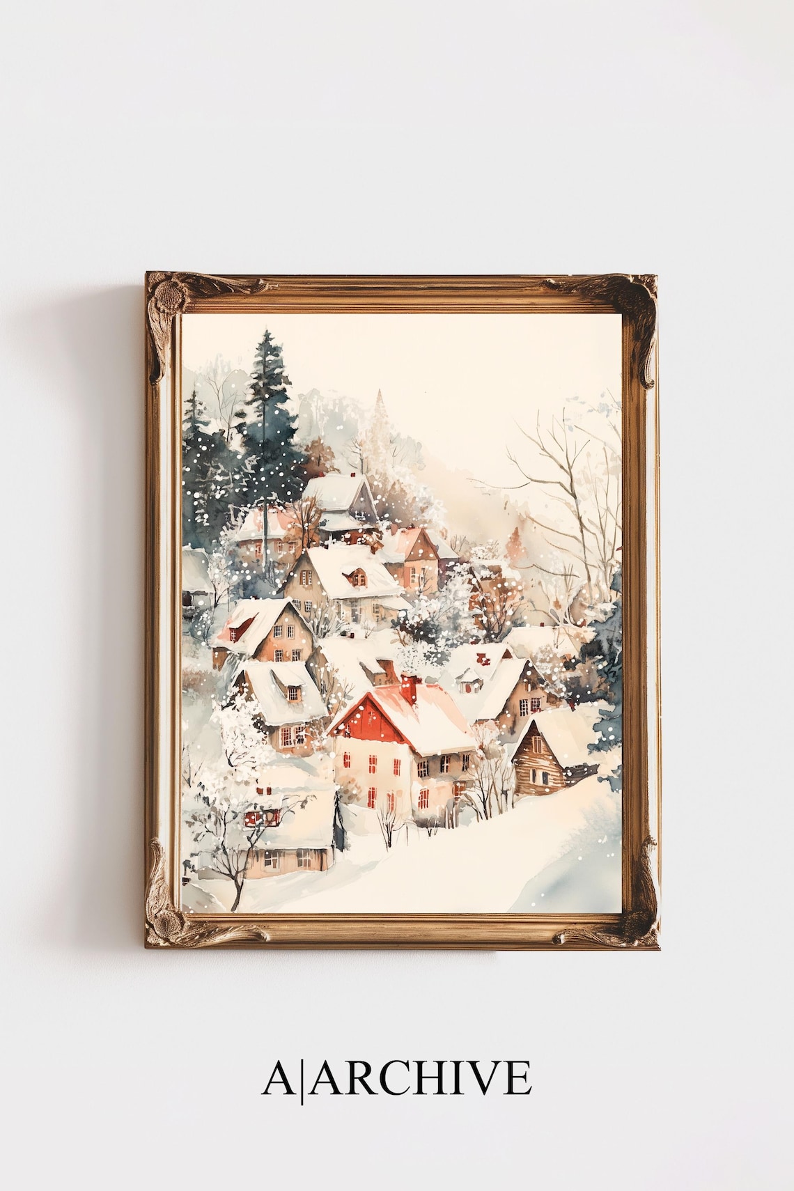 Snowy Christmas Village Watercolor Red Houses Winter Holiday Poster