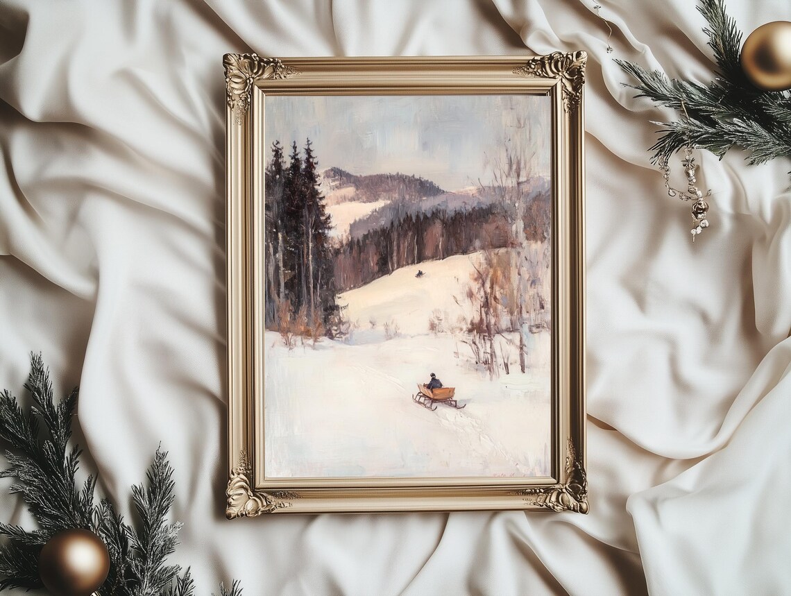 Horse Sleigh Snowy Trail Winter Hills Pines Vintage Landscape Poster - Image 4