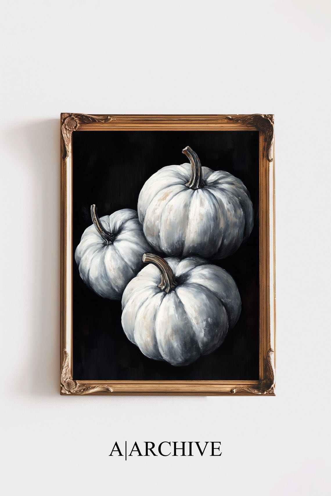 Three White Pumpkins Black Gothic Fall Harvest Still Life Poster