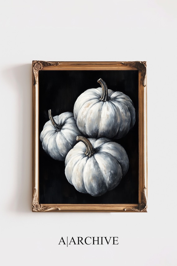 Three White Pumpkins Black Gothic Fall Harvest Still Life Poster