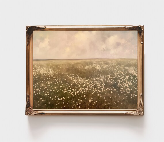 White Wildflower Meadow Hazy Sky Soft Floral Landscape Neutral Poster