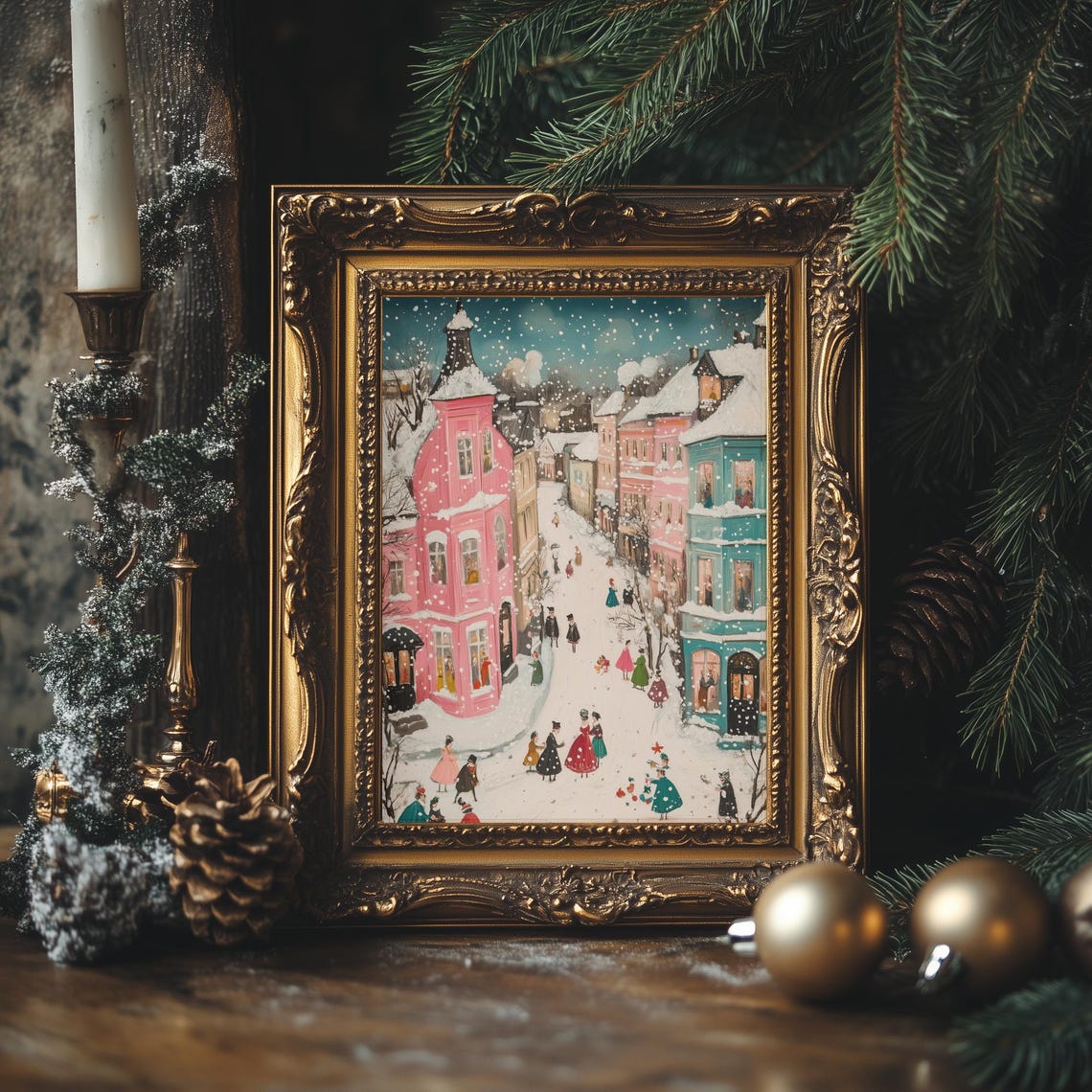 Naive Style Snowy European Old Town Street Colorful Winter Poster - Image 4