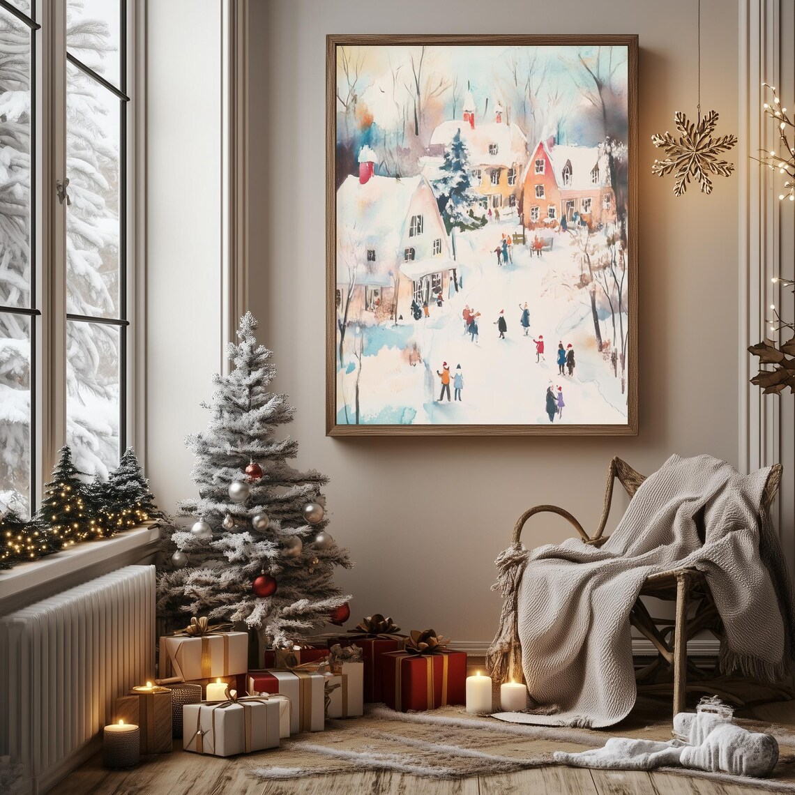 Watercolor Christmas Village Red Roofs Snow People Gathering Poster - Image 3