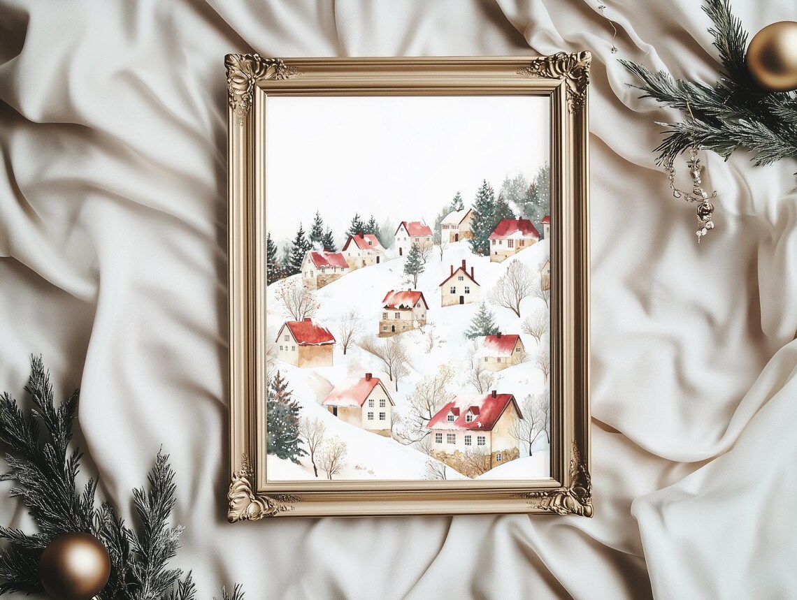 Snowy Village Red Roof Houses Winter Watercolor Scene Poster - Image 3