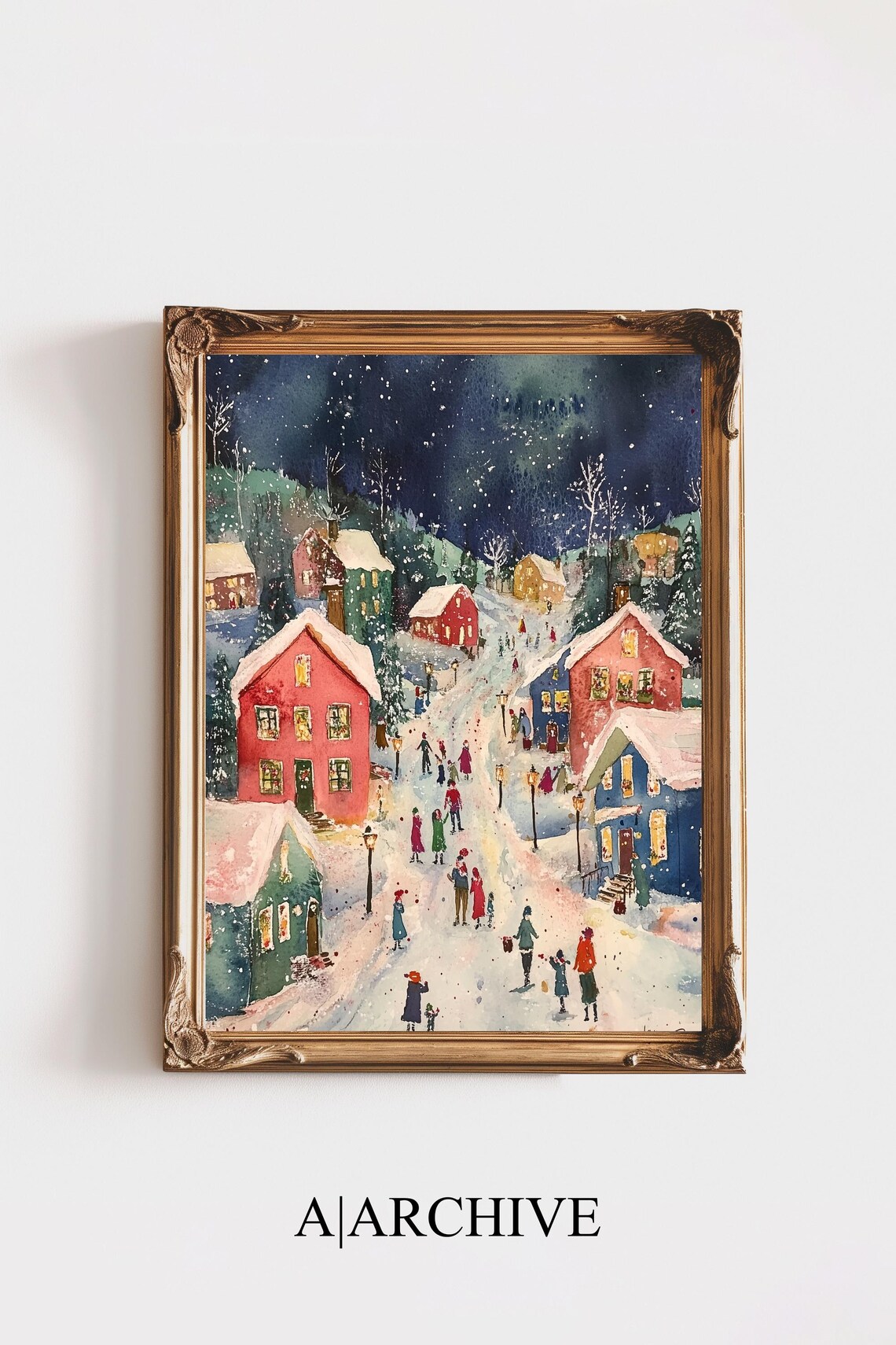 Christmas Village Street Night Scene Watercolor Winter Holiday Poster