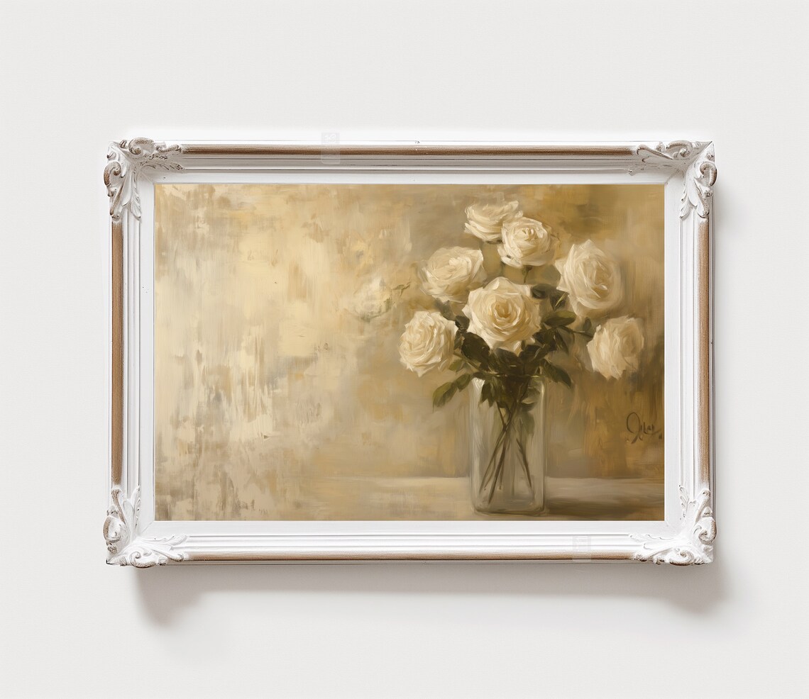 White Roses Glass Vase Neutral Floral Still Life Farmhouse Poster - Image 2