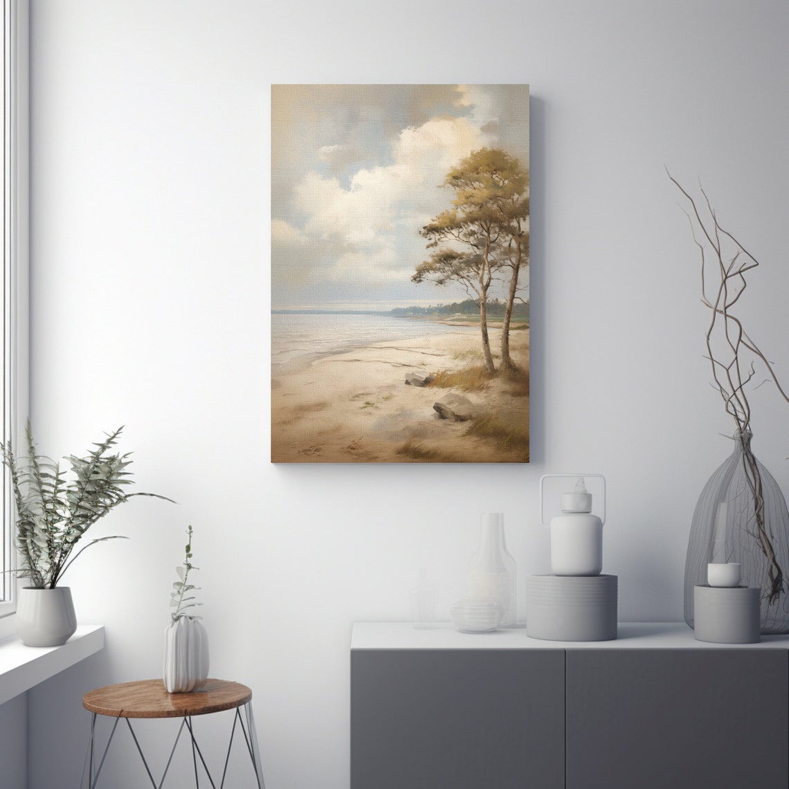 Serene Beach with Windblown Trees in Soft Neutral Tones Poster - Image 2