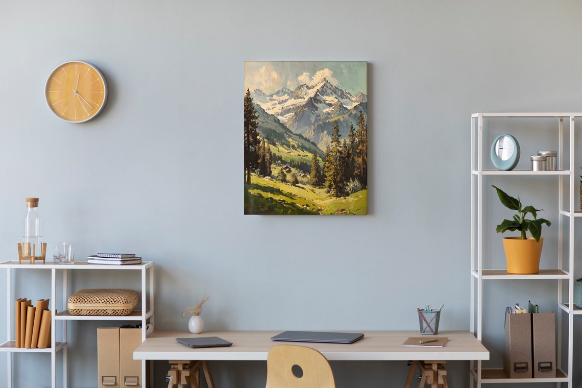 Mountain Wall Art Print Rustic Mountain Painting Landscape Wall Art Snow Mountain Painting Vintage Farmhouse Decor Forest Art - Image 2