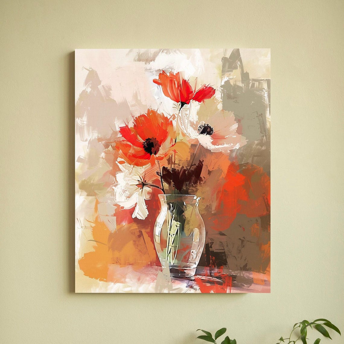 Orange Poppies in a Glass Vase Poster with Warm Abstract Background