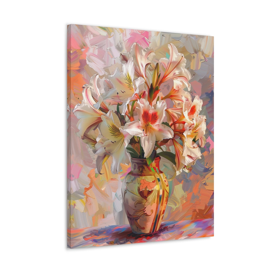 White and Pink Lilies in Decorated Vase with Abstract Pastel Poster - Image 4