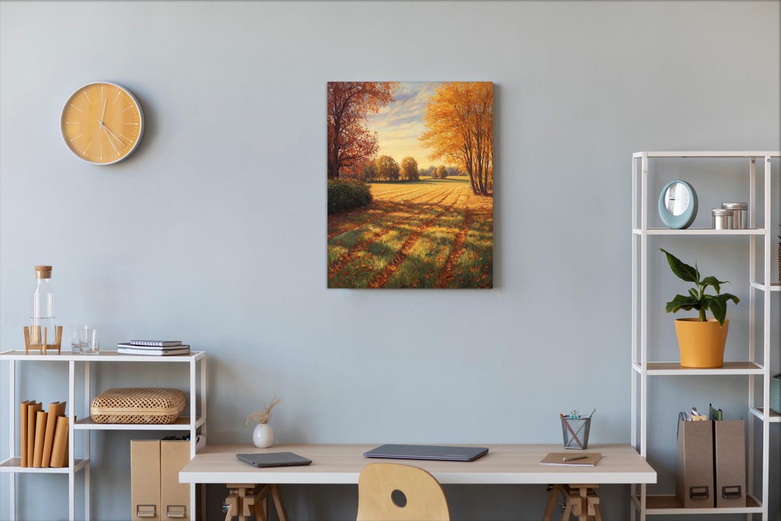 Golden Autumn Field Poster with Tree Shadows Under a Sunrise Sky - Image 2
