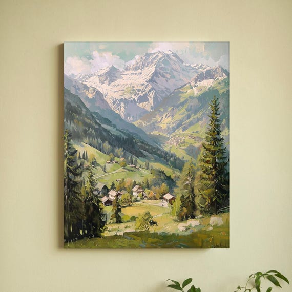 Mountain Wall Art Print Rustic Mountain Painting Landscape Wall Art Snow Mountain Painting Vintage Farmhouse Decor Forest Art