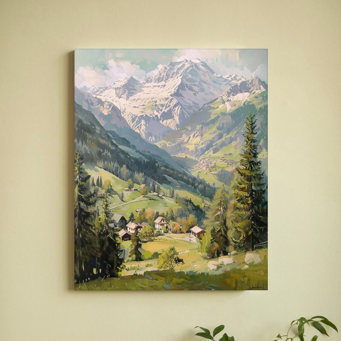 Alpine Village Valley with Tall Pines Beneath Snow-Capped Peaks Poster